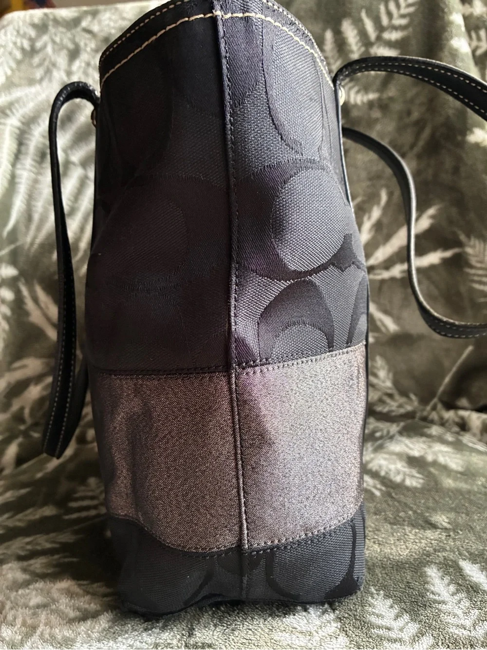 Coach Black Tote with Gray Stripe and Leather Trim
